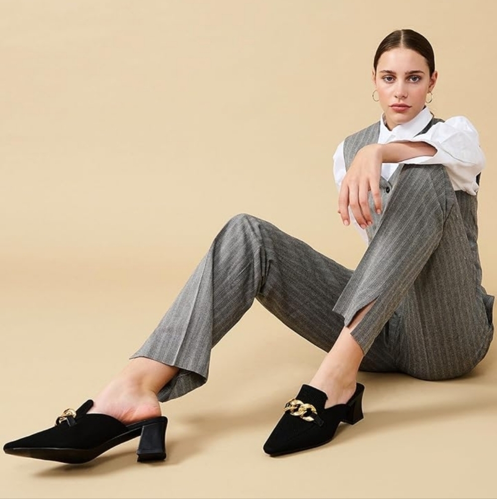 Newbella Black Pointed Slip-On Mules with Gold Chain Accent - Picture 4 of 14